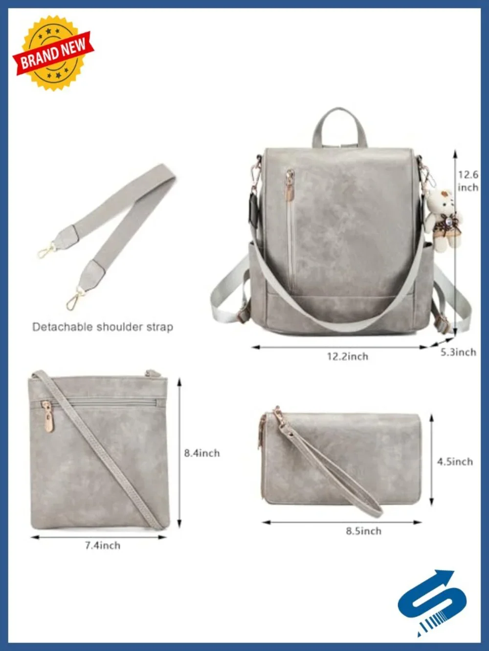 3pc Fashion Backpack Purse Set Anti-Theft Soft Pu Leather Detachable Strap